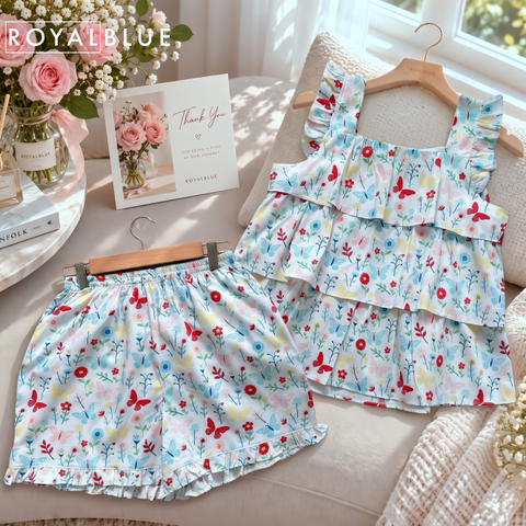 Đùi bèo tầng cotton, hoa bướm đỏ