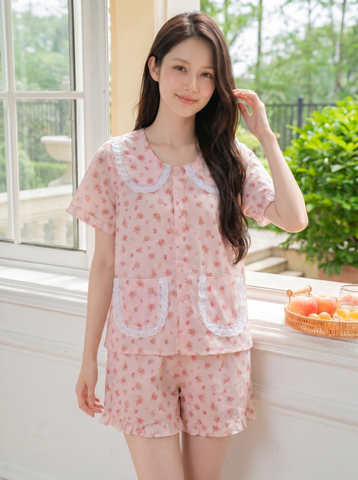 Đùi bèo cổ viền ren xinh xắn, hồng hoa