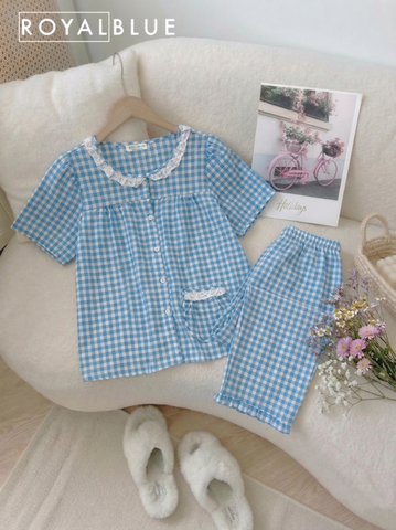 Bộ ngố 8 tấc viền ren, karo xanh