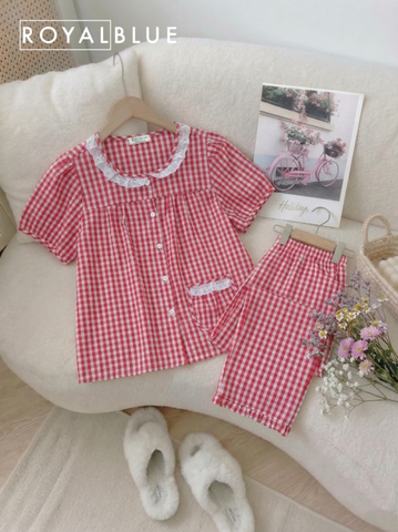 Bộ ngố 8 tấc viền ren, karo đỏ