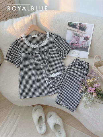 Bộ ngố 8 tấc viền ren, karo đen