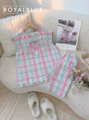 Ngố sát tay cotton nơ xinh, karo hồng