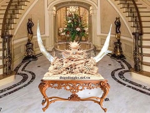 Kệ Gỗ Chạm Rồng Trưng Bày Sừng Trâu, Bò Châu Phi GN.48