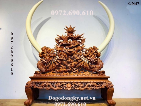 Bộ Ngà Voi Gỗ Mỹ Nghệ Chạm Rồng Đẹp Để Phòng Khách GN47