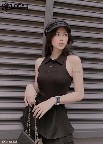 Áo croptop cổ trụ sát nách đen A6438