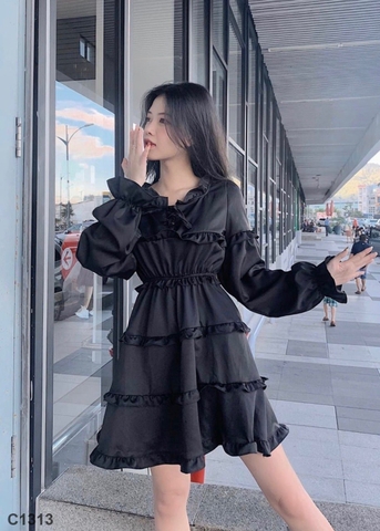 Đầm phối bèo đen C1313