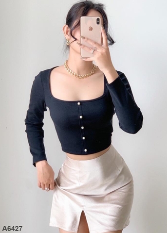 Áo croptop cổ vuông đính cườm đen A6427