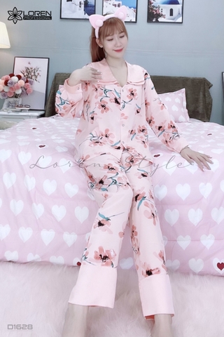 Đồ ngủ pijama dài phối cổ sen hồng D1628
