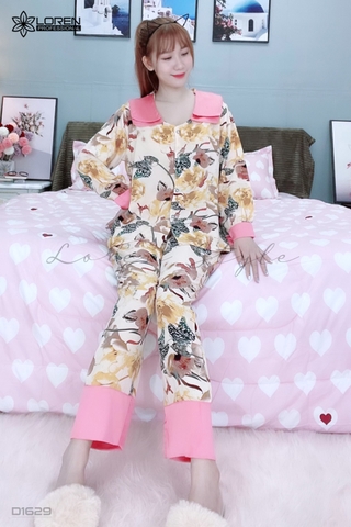 Đồ ngủ pijama dài phối cổ sen kem D1629