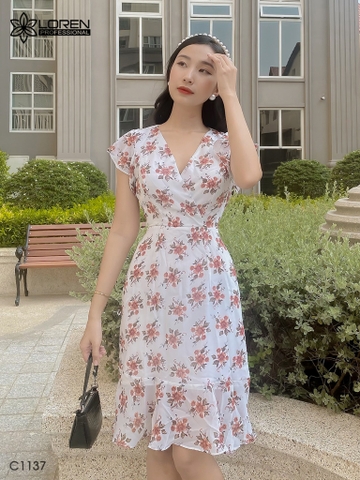 Đầm LOREN hoa xòe trắng C1137