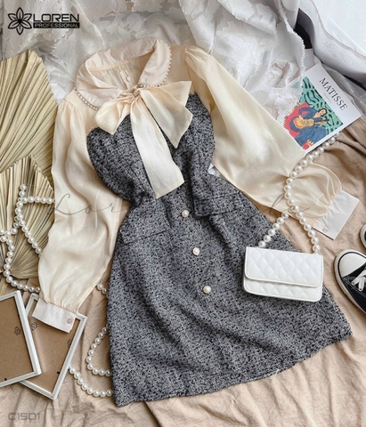 Đầm caro phối tay dài nude C1501