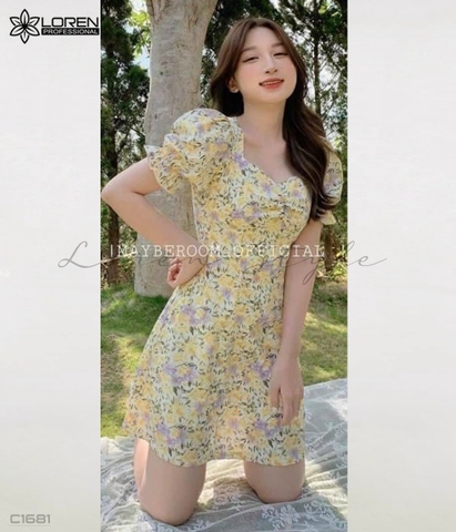 Đầm hoa nhún ngực vàng C1681