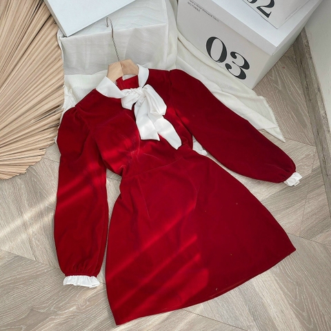 Đầm đỏ phối viền trắng nơ cổ C1754