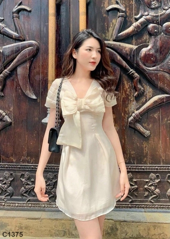 Đầm nơ ngực voan xốp nude C1375