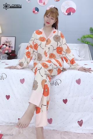 Đồ ngủ pijama dài phối cổ bèo kem D1652