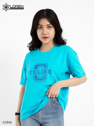 Áo thun nữ LOREN cổ tròn in chữ xanh A2846