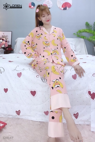 Đồ ngủ pijama dài phối cổ bèo hồng D1647