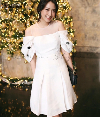Đầm xòe phối tay phồng hoa trắng C1736
