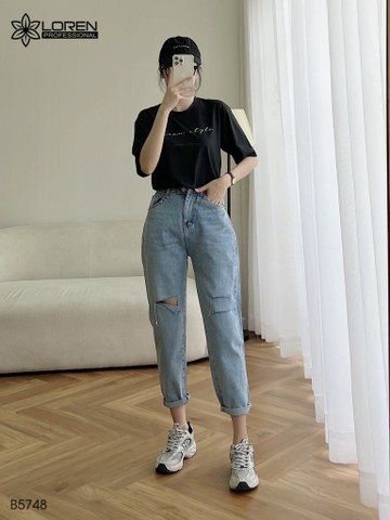 Quần jean baggy LOREN rách gối tua xanh B5748