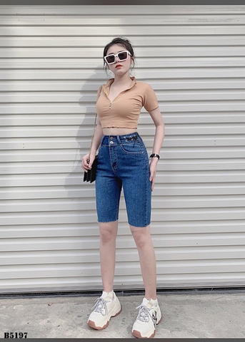 Quần jean ngố thắt dây tua xanh B5197