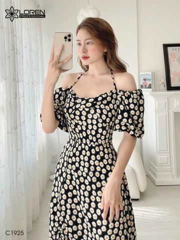Đầm maxi loren đen hoa cúc bo chun C1925