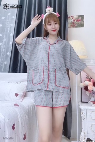 Đồ ngủ pijama ngắn phối màu xanh D1728