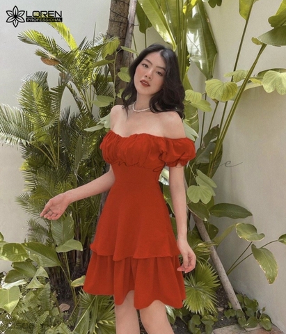 Đầm nhung ngực bèo tầng cam C1508