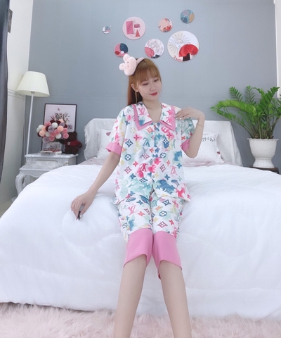 Đồ ngủ pijama lửng phối màu loang hồng D1709