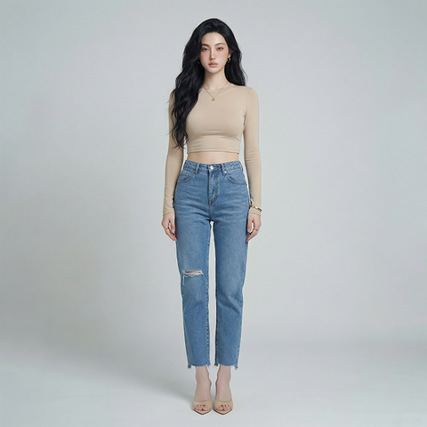 Quần jean baggy LOREN rách tua B51036