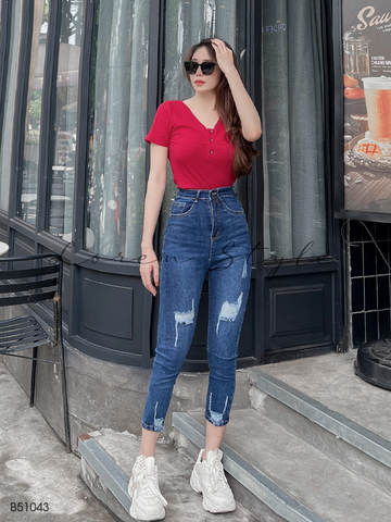 Quần jean nữ skinny LOREN lửng wash rách ống B51043