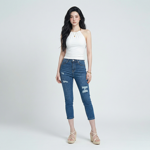 Quần jean nữ skinny LOREN lửng rách gối B51051