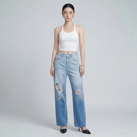 Quần jean nữ LOREN ống rộng wash B51062
