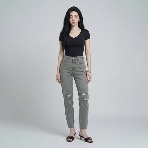 Quần jean baggy nữ LOREN wash rách B51107