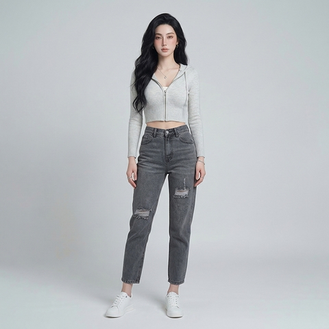 Quần jean baggy LOREN rách xám B5193