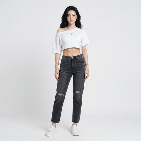 Quần jean baggy LOREN rách đen B5194