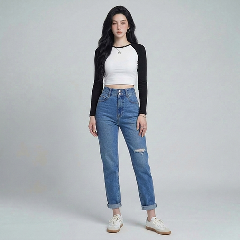 Quần jean baggy LOREN rách tua xanh B5390