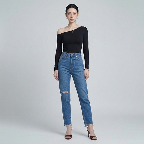 Quần jean baggy LOREN rách tua xanh B5391