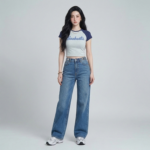 Quần jean ống rộng LOREN trơn xanh B5422
