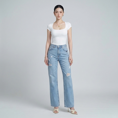 Quần jean ống rộng LOREN rách gối xanh B5431