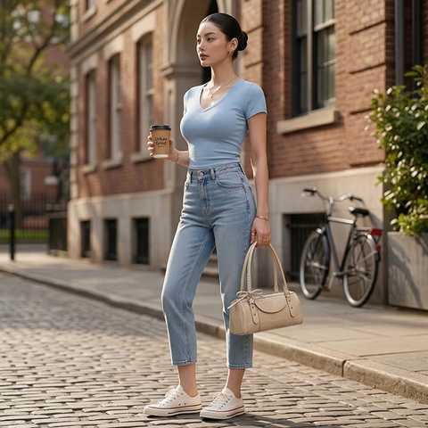 Quần jean baggy LOREN trơn xanh B5432