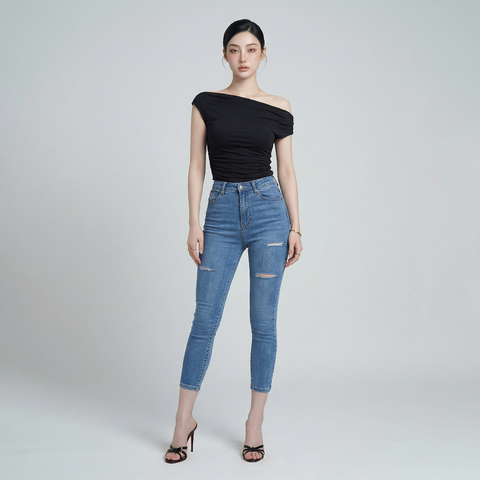 Quần jean skinny LOREN lửng rách xanh B5526