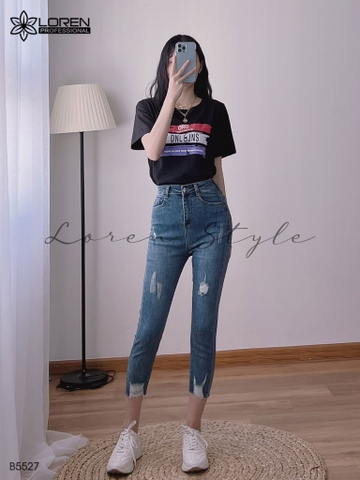 Quần jean skinny LOREN lửng rách kiểu tua xanh B5527