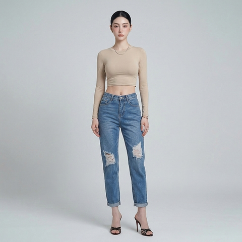 Quần jean baggy LOREN rách gối xanh B5594