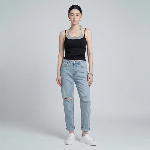 Quần jean baggy LOREN rách gối tua xanh B5748