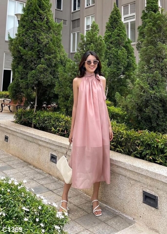 Đầm maxi cổ nơ hồng C1369
