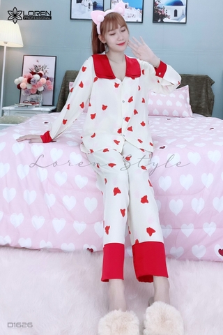 Đồ ngủ pijama dài phối cổ sen đỏ D1626