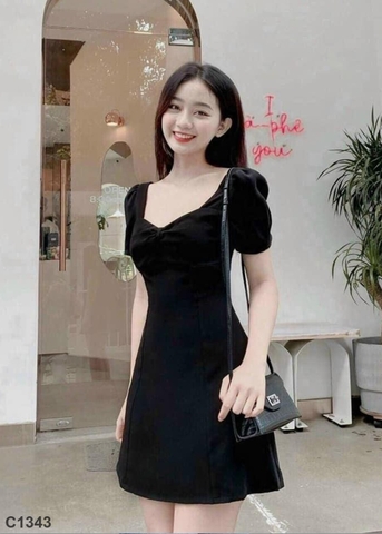 Đầm basic tay phồng đen C1343