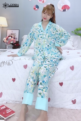 Đồ ngủ pijama dài phối cổ bèo xanh D1651