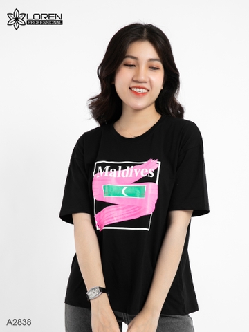 Áo thun nữ LOREN in hình Maldives đen A2838