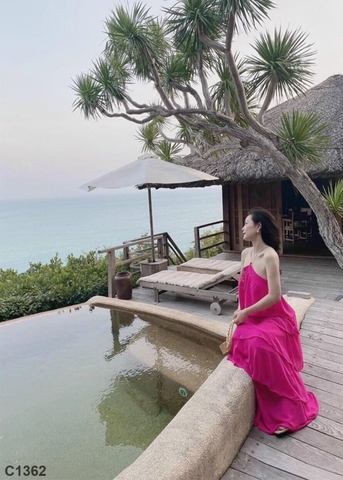 Đầm maxi 2 dây xích hồng C1362